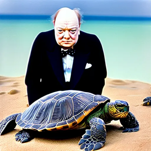 Prompt: An astonished Winston Churchill discovers the first turtle ever in Galapagos, national geographic, BBC, XF IQ4, f/8, ISO 200, 1/160s, 8K, RAW, unedited, face AI enhanced