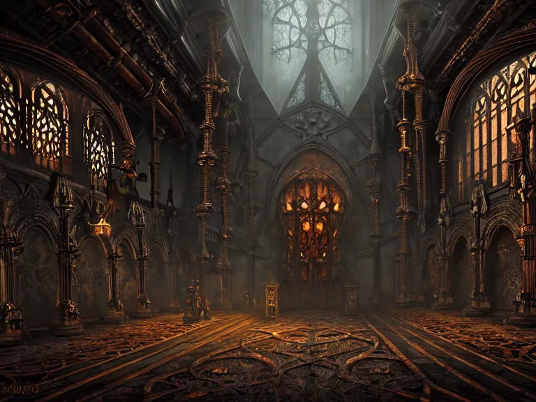 Image similar to steam necropolis, memento mori, gothic, neo - gothic, art nouveau, hyperdetailed copper patina medieval icon, stefan morrell, philippe druillet, ralph mcquarrie, concept art, steampunk, unreal engine, detailed intricate environment, octane render, moody atmospherics, volumetric lighting, ultrasharp, ominous, otherworldly