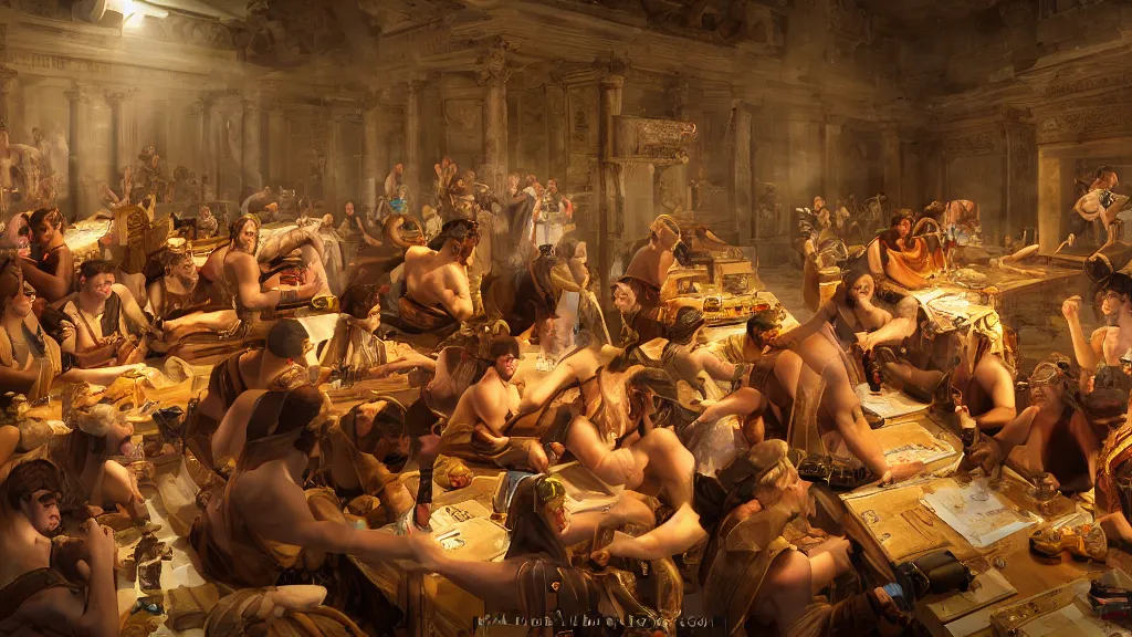 Prompt: Ancient roman LAN party with lots of men wearing togas and gaming headsets playing on computers, roman architecture, modern computers PC RGB gamer lights and gamer chairs. Photo realistic.