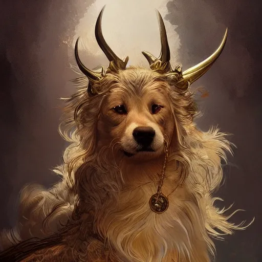 Prompt: a golden furry dog with horns and wings, bleeding, D&D, fantasy, intricate, elegant, highly detailed, digital painting, artstation, concept art, smooth, sharp focus, illustration, art by artgerm and greg rutkowski and alphonse mucha