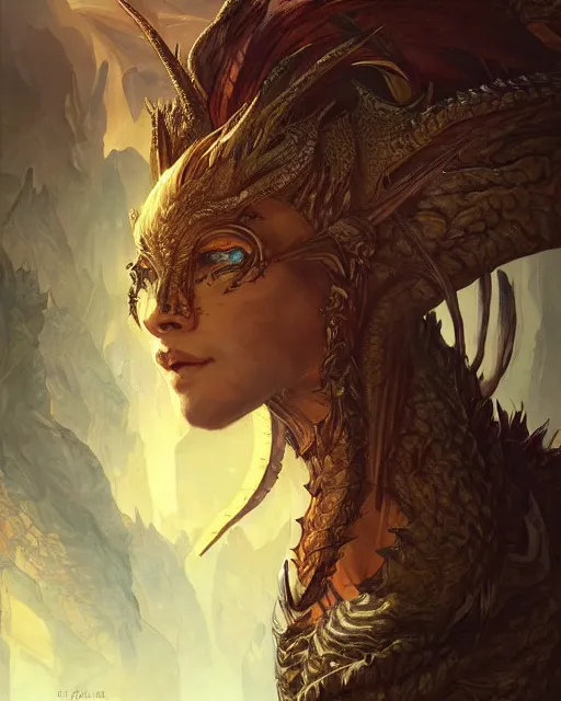 Image similar to Portrait of a dragon person, HD, illustration, epic, D&D, fantasy, intricate, elegant, highly detailed, digital painting, artstation, concept art, smooth, sharp focus, illustration, art by artgerm and greg rutkowski and alphonse mucha, monster hunter illustrations art book