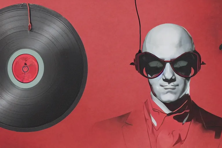 Image similar to an expressive portrait of agent 4 7 from hitman wearing headphones and putting a vinyl record onto a turntable, dark background, red rim light, digita, l