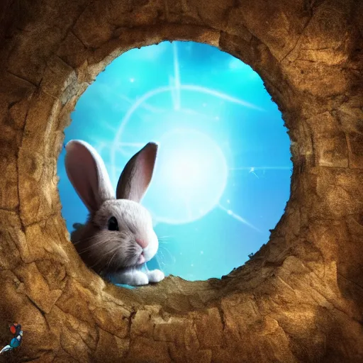 Image similar to photo of a cute bunny crossing dimensional portal , photorealistic, 4K