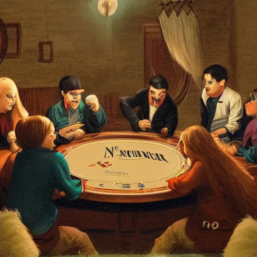 Prompt: a gang of horses playing black jack at night