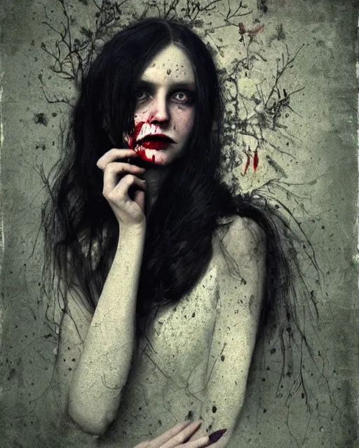 Image similar to a beautiful but sinister and creepy woman in layers of fear, with haunted eyes, violence in her eyes, putting on lipgloss, 1 9 7 0 s, seventies, delicate embellishments, a little blood, woodland, moonlight shining on wildflowers, painterly, offset printing technique, by mary jane ansell