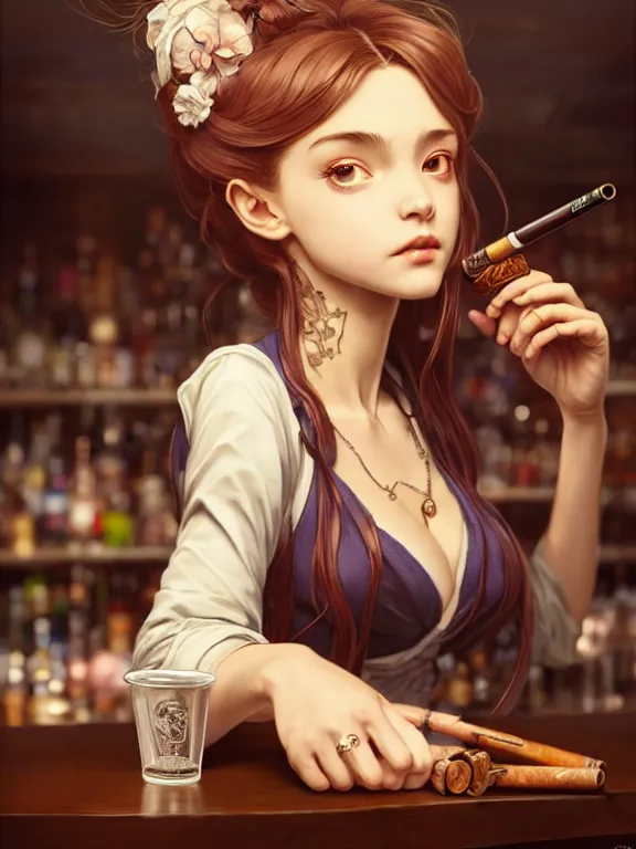 Image similar to full body picture of a girl with tobacco pipe in the bar rounge, bored, beautiful and aesthetic, intricate, unreal engine, messy hair, highly detailed, detailed face, smooth, sharp focus, chiaroscuro, manga illustration, artgerm, greg rutkowski, ilya kuvshinov, rossdraws, alphonse mucha, young adult light novel cover art