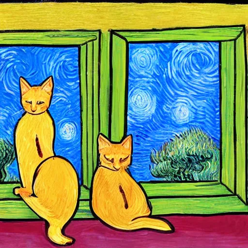 Prompt: two Siamese cats sitting on a windowsill with blue sky and trees in the style of van gogh