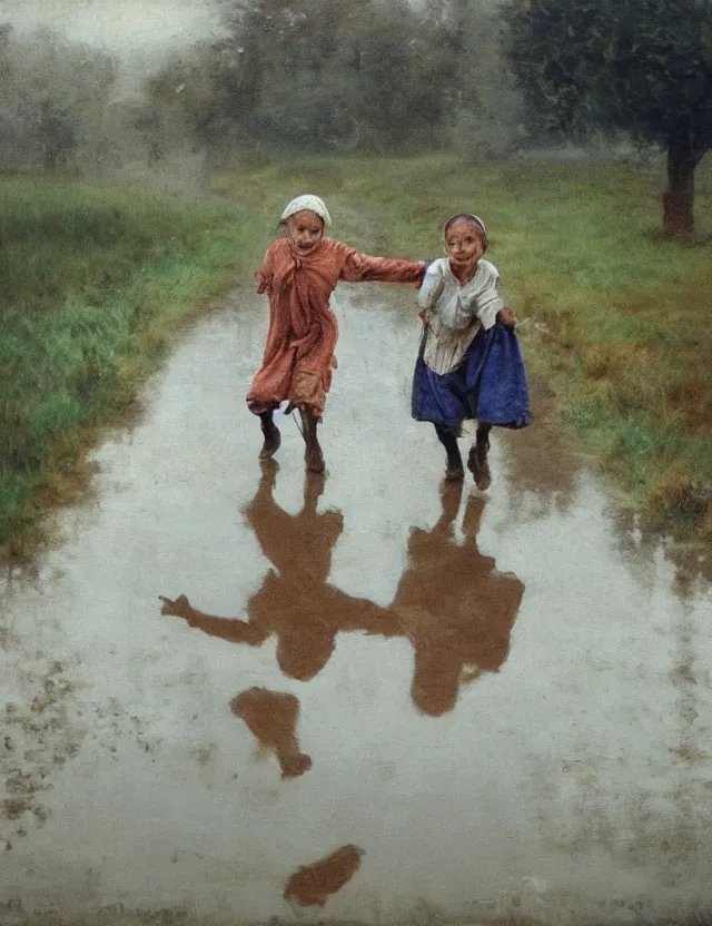 Prompt: two peasant children run through a puddle happily, on a village, Cinematic focus, Polaroid photo, vintage, neutral colors, soft lights, foggy, by Steve Hanks, by Serov Valentin, by lisa yuskavage, by Andrei Tarkovsky 8k render, detailed, oil on canvas