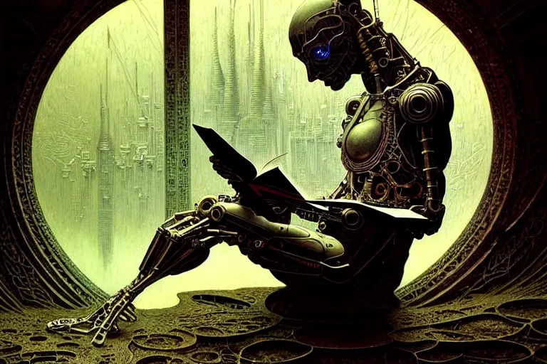 Prompt: a cyborg reading an old book, fantasy, expressionist, intricate, elegant, dramatic lighting, highly detailed, lifelike, photorealistic, digital painting, artstation, concept art, smooth, sharp focus, illustration, art by beksinski and john blanche and paul dainton and albert aublet and artem demura and alphonse mucha