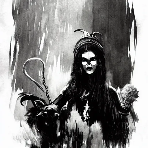 Image similar to dramatic portrait of a scandinavian undead witch female with animal horns ram, satanic kvlt by peder balke by peder balke by greg rutkowski, by guido crepax by norman bluhm mystic high contrast monochromatic noir angst pagan magic