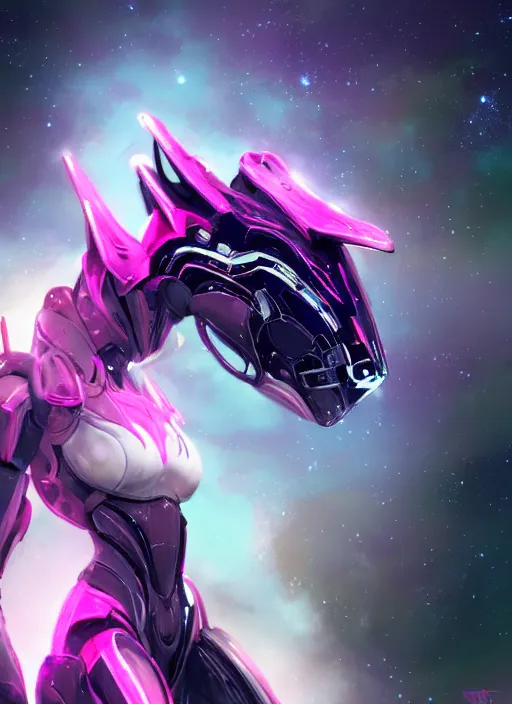 Prompt: cinematic shot, bust, cosmic sized perfectly proportioned stunning beautiful hot female warframe, robot mecha female dragon head, silver armor, fuschia leds, floating in empty space, nebula sized, holding a galaxy, epic proportions, epic size, epic scale, furry art, dragon art, giantess art, warframe fanart, furaffinity, deviantart