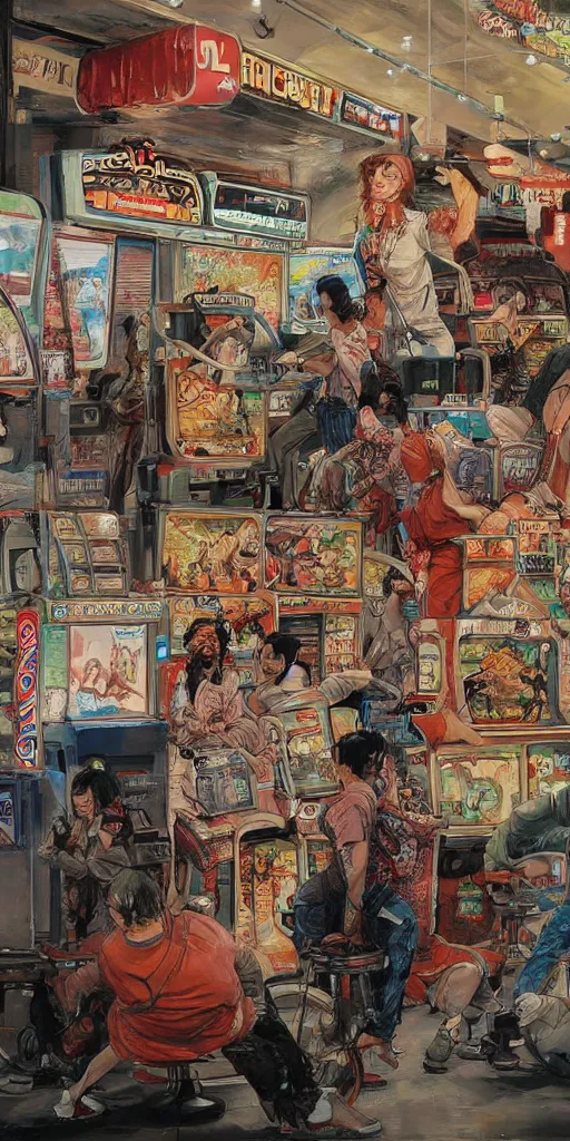 Image similar to oil painting scene from amusement arcade by kim jung gi