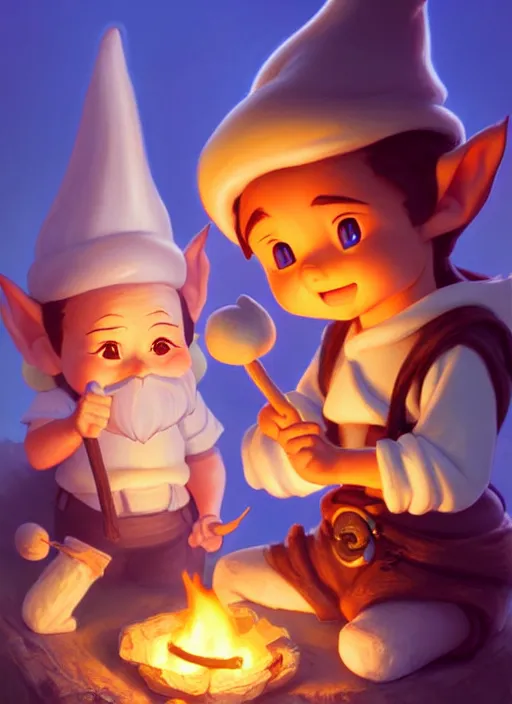 Prompt: cute gnomes roasting marshmallos, natural lighting, path traced, highly detailed, high quality, digital painting, by don bluth and ross tran and studio ghibli and alphonse mucha, artgerm