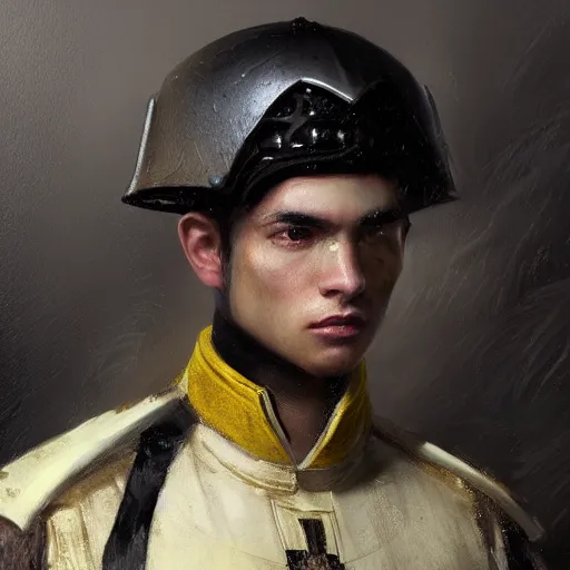 Image similar to Medium closeup young idealistic and pious male Imperial soldier wearing a black tabard with light yellow accents over a gambeson and a barbut helm, by Raymond Swanland Greg Rutkowski Lise Deharm, {perfect face}, {perfect eyes}