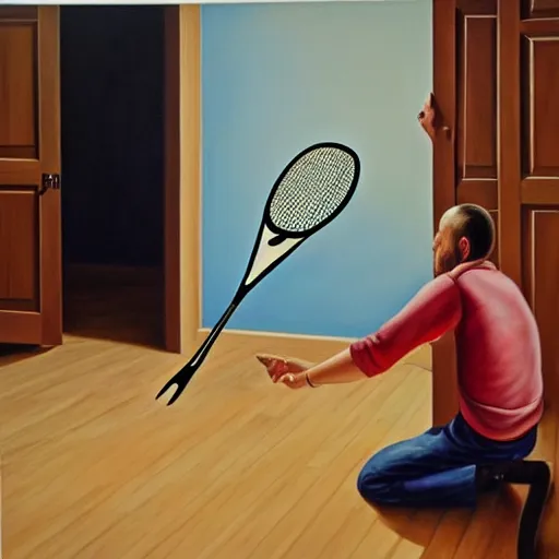 Prompt: hyperrealism painting from the housefly perspective getting swatted at from a man with a fly swatter in the kitchen