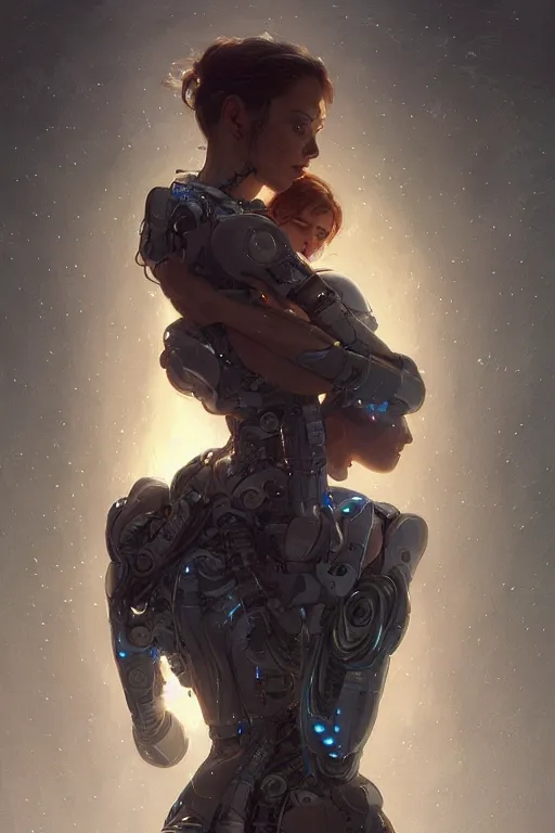 Image similar to Ultra realistic illustration,robot carries a woman in his arms, cyberpunk, sci-fi, fantasy, intricate, elegant, highly detailed, digital painting, artstation, concept art, smooth, sharp focus, illustration, art by artgerm and greg rutkowski and alphonse mucha