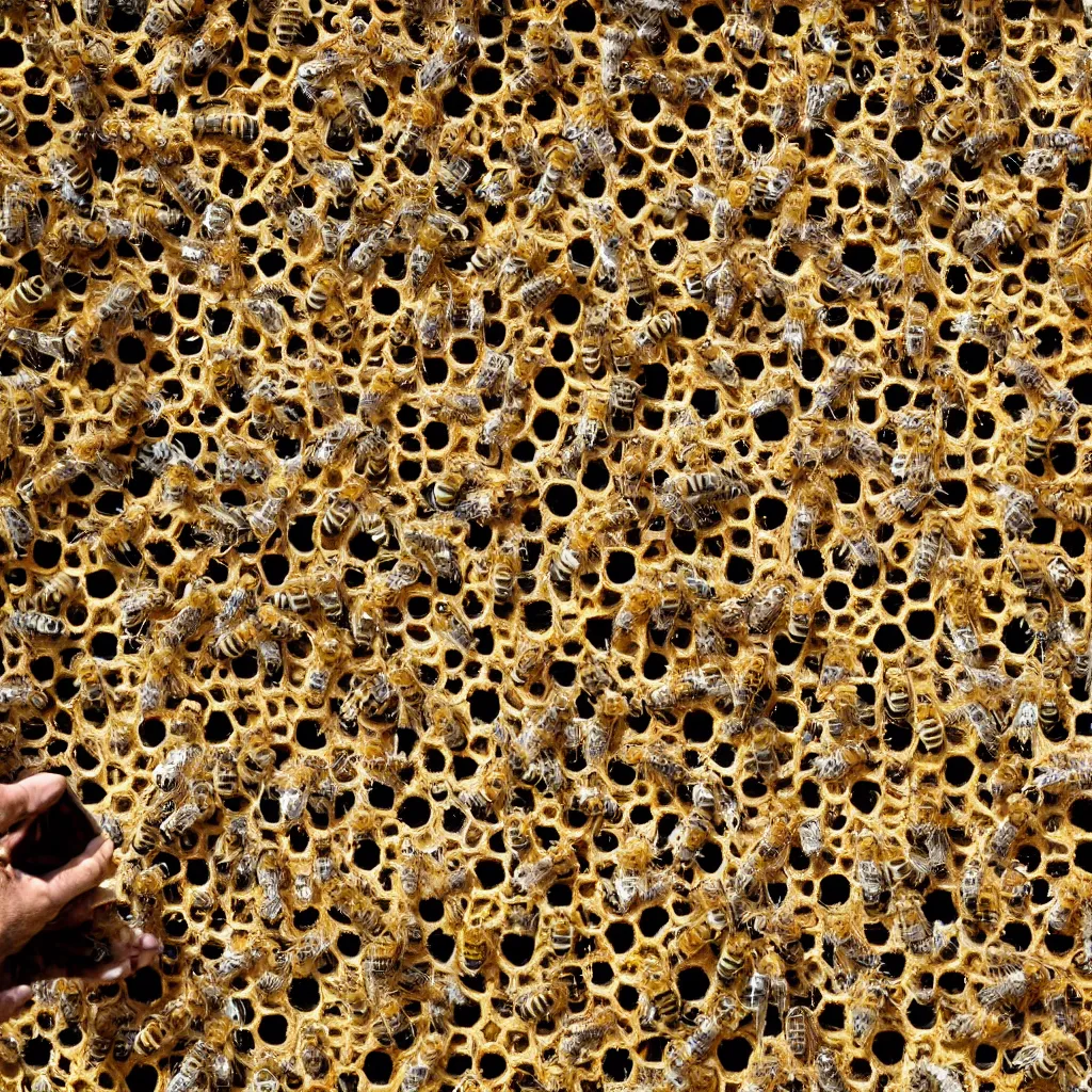 Prompt: a honeycomb rests on a beam of wood, bees swarm on the honeycomb, a man's hand points to grass stems below the honeycomb, photorealistic, sunny, summer