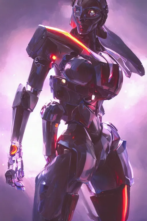 Image similar to professional painting of mecha cyber warrior princess, highly detailed digital painting artstation character concept art by artgerm and greg rutkowsi, holographic neon highlights, by Ruan Jia and Mandy Jurgens and Greg Rutkowski and Artgerm and William-Adolphe Bouguerea