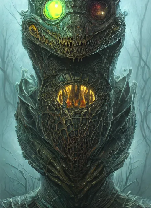 Image similar to prismatic dark lovecraft horror machine glowing reptile eyes, metal armor, elegant, highly detailed, centered, digital painting, artstation, concept art, smooth, sharp focus, illustration, artgerm, tomasz alen kopera, peter mohrbacher, donato giancola, joseph christian leyendecker, wlop, frank frazetta