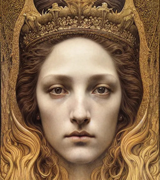 Prompt: detailed realistic beautiful young medieval queen of jupiter face portrait by jean delville, gustave dore and marco mazzoni, art nouveau, symbolist, visionary, gothic, pre - raphaelite. horizontal symmetry by zdzisław beksinski, iris van herpen, raymond swanland and alphonse mucha. highly detailed, hyper - real, beautiful