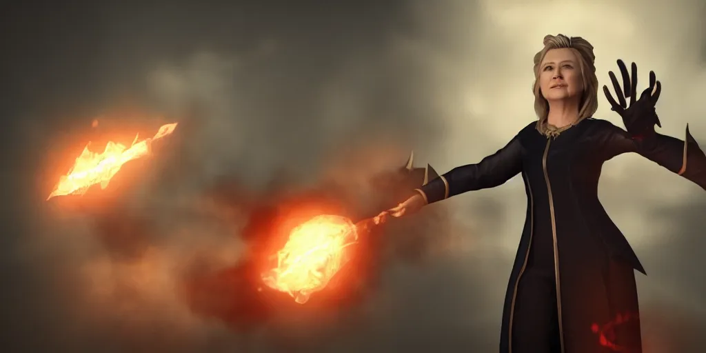 Image similar to hilary clinton as an evil elven princes casting a fireball anime style, moody lighting, octane render