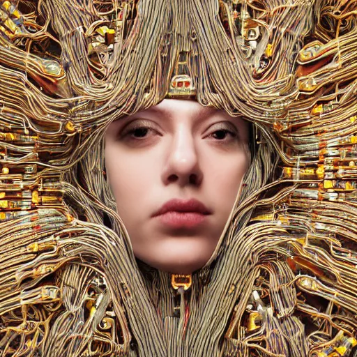 Image similar to tapping in to something greater, piles of modular synth cables, goddess laying down wearing a headpiece made of circuit boards, by cameron gray, wlop, stanley kubrick, masamune, hideki anno, unique perspective, trending on artstation, 3 d render, smooth render