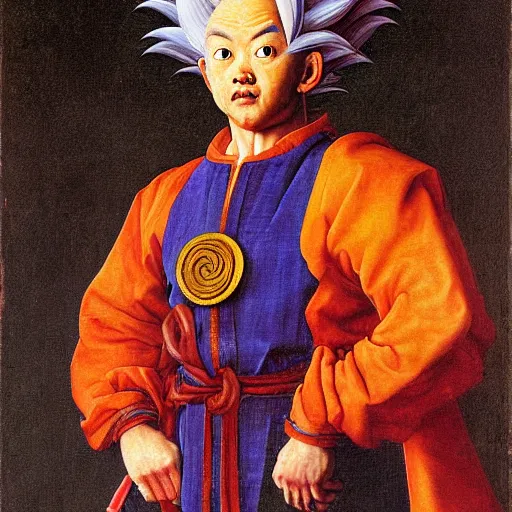 Prompt: portrait of a goku, painting by Jan van Eyck,