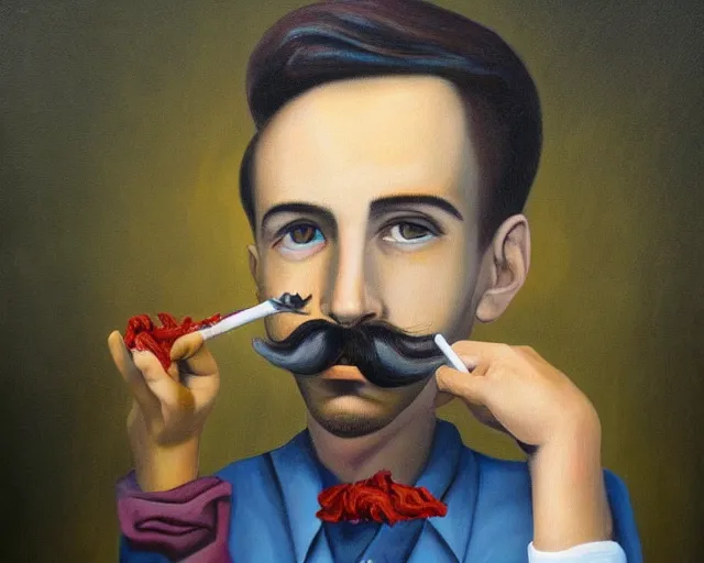 Prompt: a surreal painting of a young man with a handlebar mustache smoking a joint