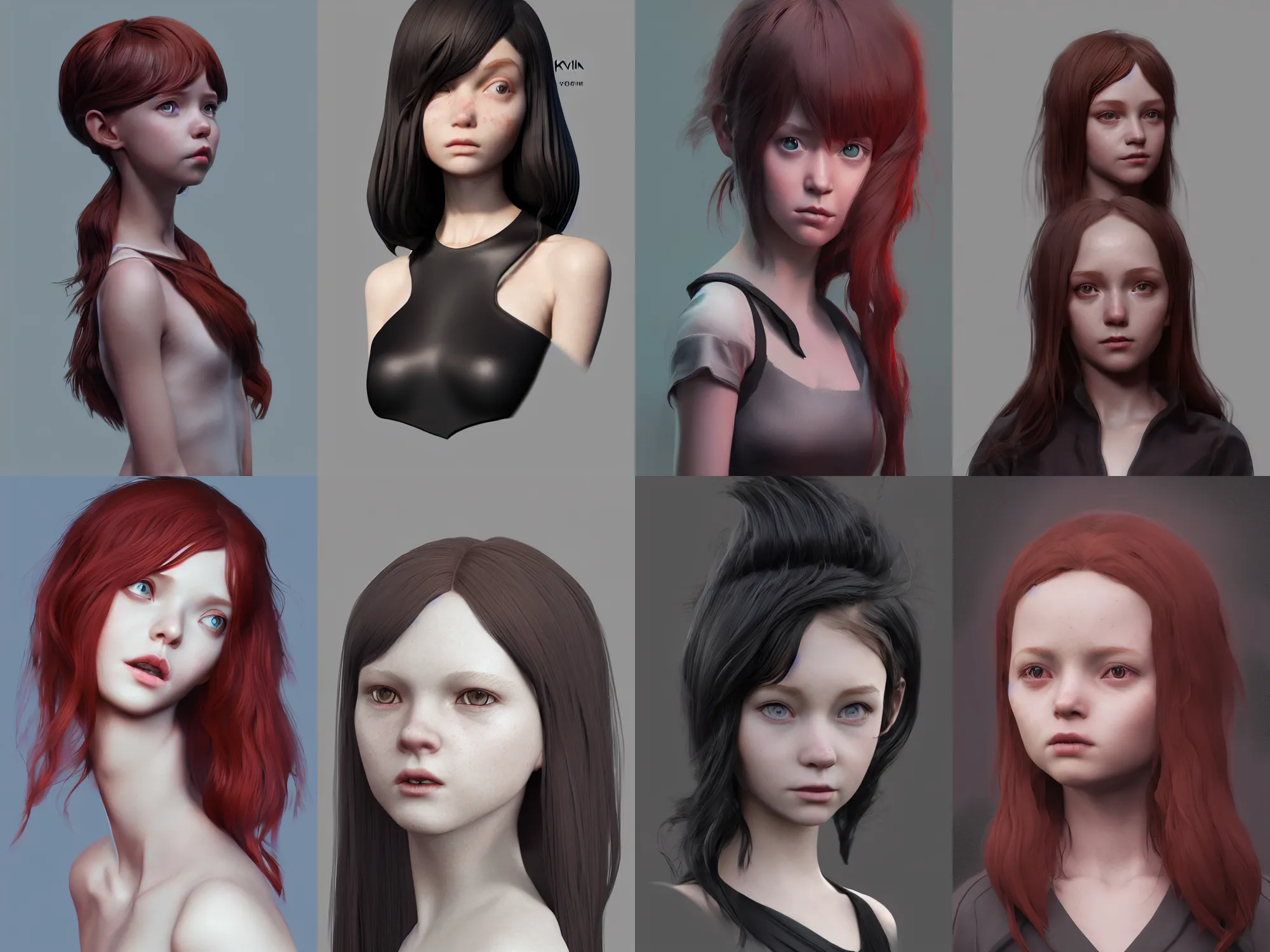 Prompt: Zbrush sculpt colored, Octane render in Maya and Houdini VFX, young redhead girl, black silky hair, black stunning deep eyes. By ilya kuvshinov, krenz cushart, Greg Rutkowski, trending on artstation. Amazing textured brush strokes. Cinematic dramatic soft volumetric studio lighting