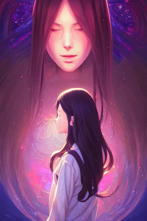 Image similar to a beautiful girl with long dark hair, going through a portal between worlds, intricate, highly detailed, digital painting, artstation, official media, anime key visual, concept art, rich vivid colors, ambient lighting, sharp focus, illustration, art by Artgerm, Makoto Shinkai, Ilya Kuvshinov, Lois Van Baarle, and Rossdraws