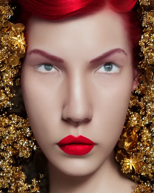 Prompt: Portrait of a robot, close-up, high sharpness, zeiss lens, fashion photo shoot, peony flowers, red hair, red lipstick, on the background of gold, on their face rhinestones, Edward Buba, Annie Leibovitz and Steve McCurry, David Lazar, Jimmy Nelsson, Eiko Hosoe, Zhong Lin, artistic, hyper-realistic, beautiful face, octane rendering