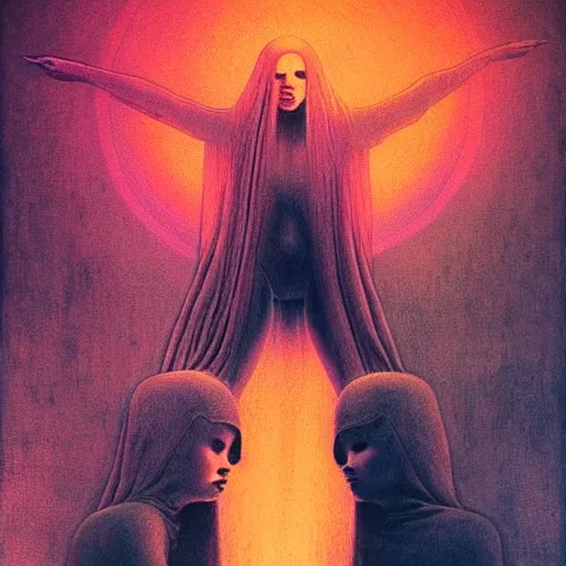 Image similar to charlies angels by beksinski and tristan eaton, dark neon beautiful dystopian holography