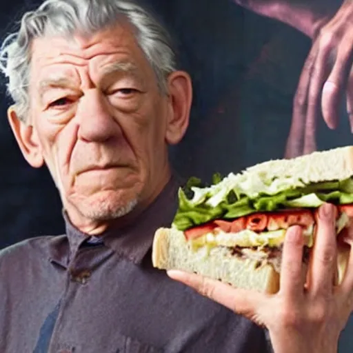 Prompt: film still of ian mckellen disappointed by a sandwich