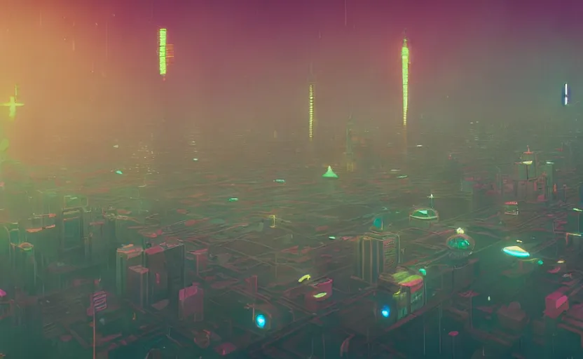 Image similar to Wide angle shot of a city with holographic fishes floating in the sky by Petros Afshar and Beeple, James Gilleard, Mark Ryden, Wolfgang Lettl highly detailed, Dark cineamtic and atmospheric lighting