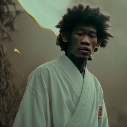 Image similar to cinematic film still of Young Thug starring as a Japanese Sensei with fire, Japanese CGI, VFX, 2003, 40mm lens, shallow depth of field, film photography