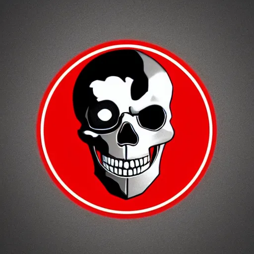 Image similar to minimalist logo of a skull with red eyes like the terminator (1984), gritty atmosphere, oppressive