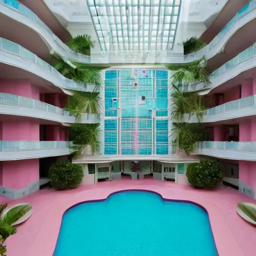 Prompt: a ultra high definition pastel coloured photographic print from a holiday photo album. the photo is a medium frame, 5 0 mm depicting the interior of an expensive alien hotel balcony, furniture and view of a swimming pool. the interior was designed by wes anderson. iridescent transparent glass, pastel pink concrete, foam. 8 k. architectural. interior. no artefacts. highly detailed.