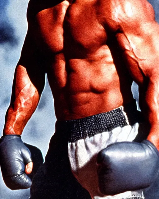 Image similar to Film still close-up shot of Dwayne Johnson as Rocky Balboa from the movie Rocky. Photographic, photography