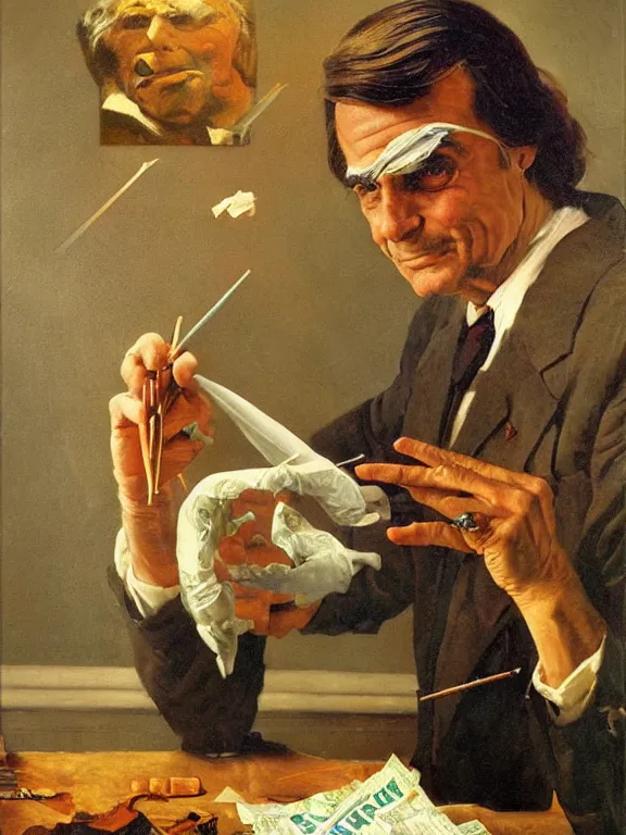 Prompt: portrait of carl sagan rolling a joint, in a style blend of norman rockwell and frederick remington and mort kunstler, oil painting, volumetric lighting, intricate details