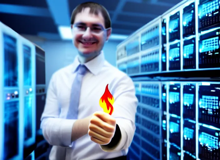 Prompt: A system administrator doing a thumb up to the camera in front on burning servers, servers in flames, happy system administrator doing a thumb up, uncropped, full body