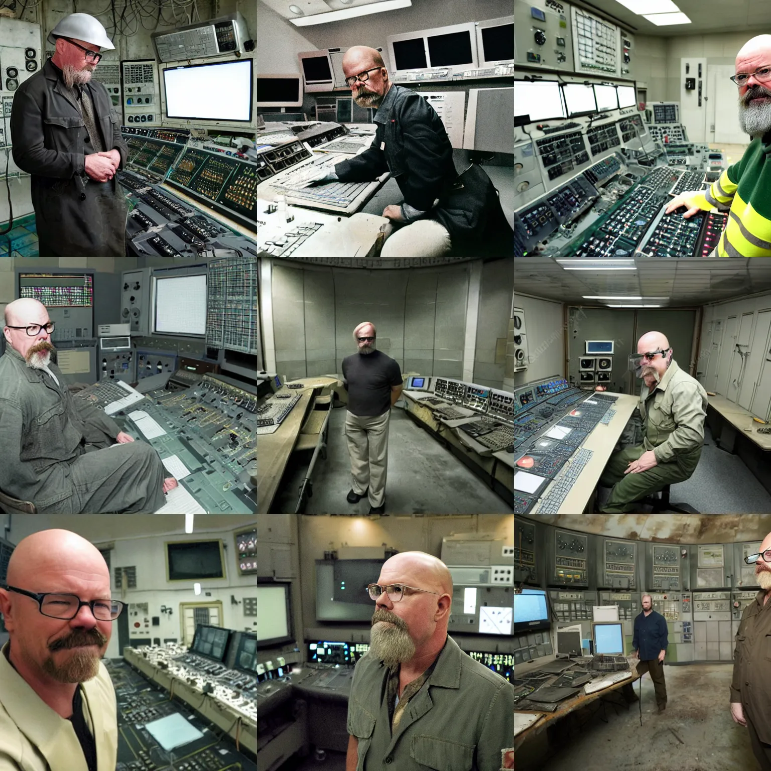 Prompt: Jamie Hyneman in the control room of Chernobyl nuclear power station