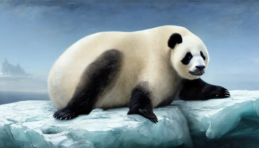 Prompt: highly detailed painting of a standing humanoid creature thats half human male man and half cute baby white furry seal panda hybrid on a blue and white iceberg by william turner, by greg rutkowski, by william constable, thick brush strokes and visible paint layers, 4 k resolution