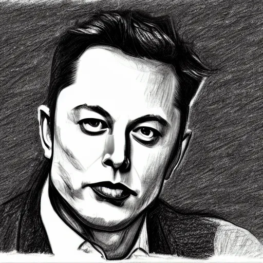 Image similar to a pencil sketch of a poorly drawn Elon Musk, incorrect proportions, abstract, surreal