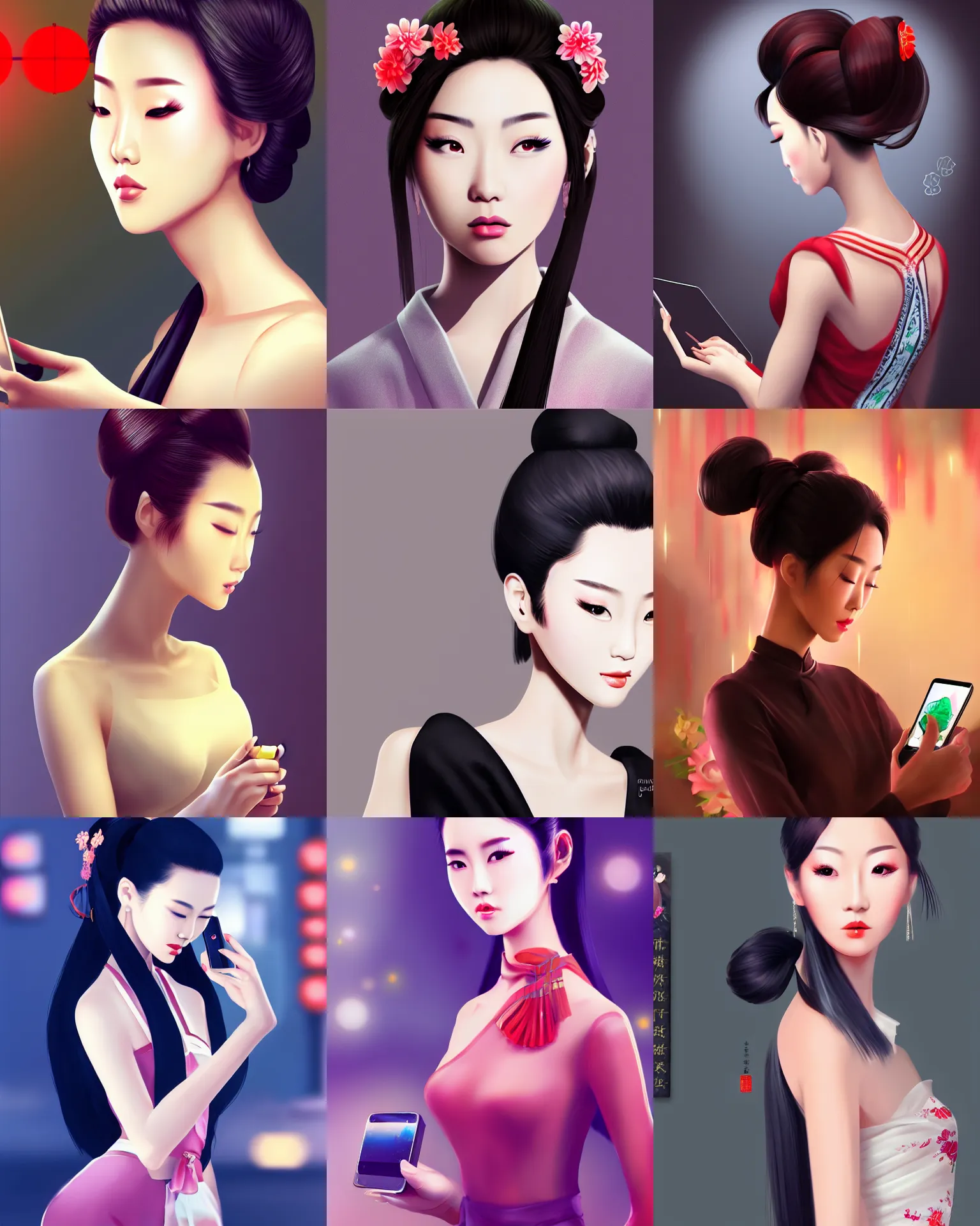 Prompt: chinese beauty with chignon using mobile phone facing the computer display, full body, wide angle lens, bokeh, artstation