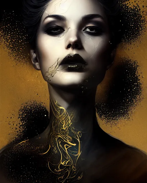 Image similar to intricate calligraphy smoke ink beauty portrait, dripping black gold paint, stylized fantasy polygon art by WLOP, artgerm, peter mohrbacher, artstation