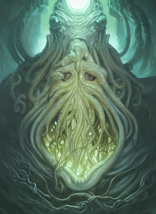 Prompt: Portrait of Cthulhu, white glowing eyes, fantasy, extremely detailed, digital painting, artstation, concept art, smooth, sharp focus, illustration, stunning lighting, art by artgerm and greg rutkowski and alphonse mucha and simon stalenhag, realistic character concept, high fantasy, dark atmosphere, golden ratio, cinematic lighting, hyperdetailed, high resolution, insanely detailed and intricate, artstation, Marc Simonetti, Greg Rutkowski, 8k