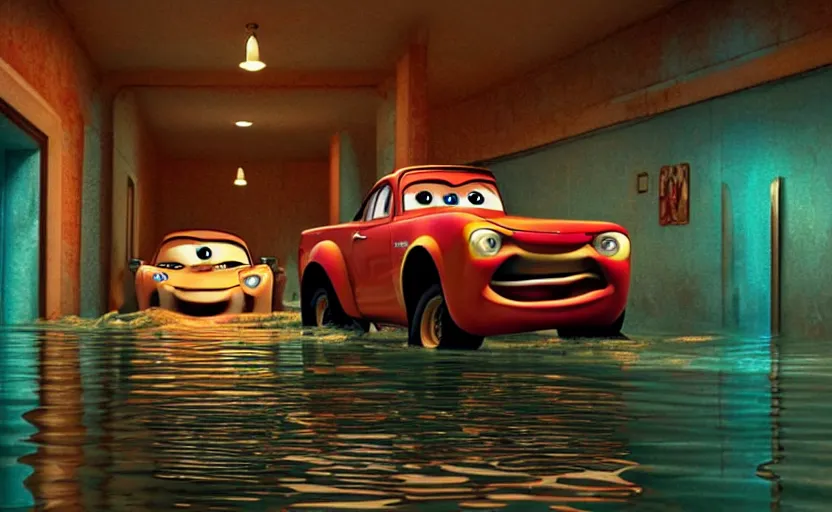 Image similar to mater from cars in a flooded fractal hallway, romance novel cover, in 1 9 9 5, y 2 k cybercore cutecore, low - light photography, still from a pixar movie