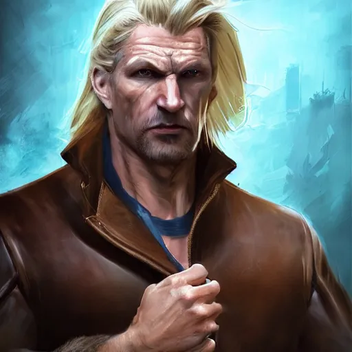 Prompt: portrait of a muscular, grim, ponytail haired blonde man in his late 30's, wearing a thick brown leather coat, looking to his side, scarred face, blue eyes, hunter, DnD character, fantasy character, dramatic lighting, digital art by Ruan Jia, Krenz Cushart, Rossdraws and Boris Vallejo