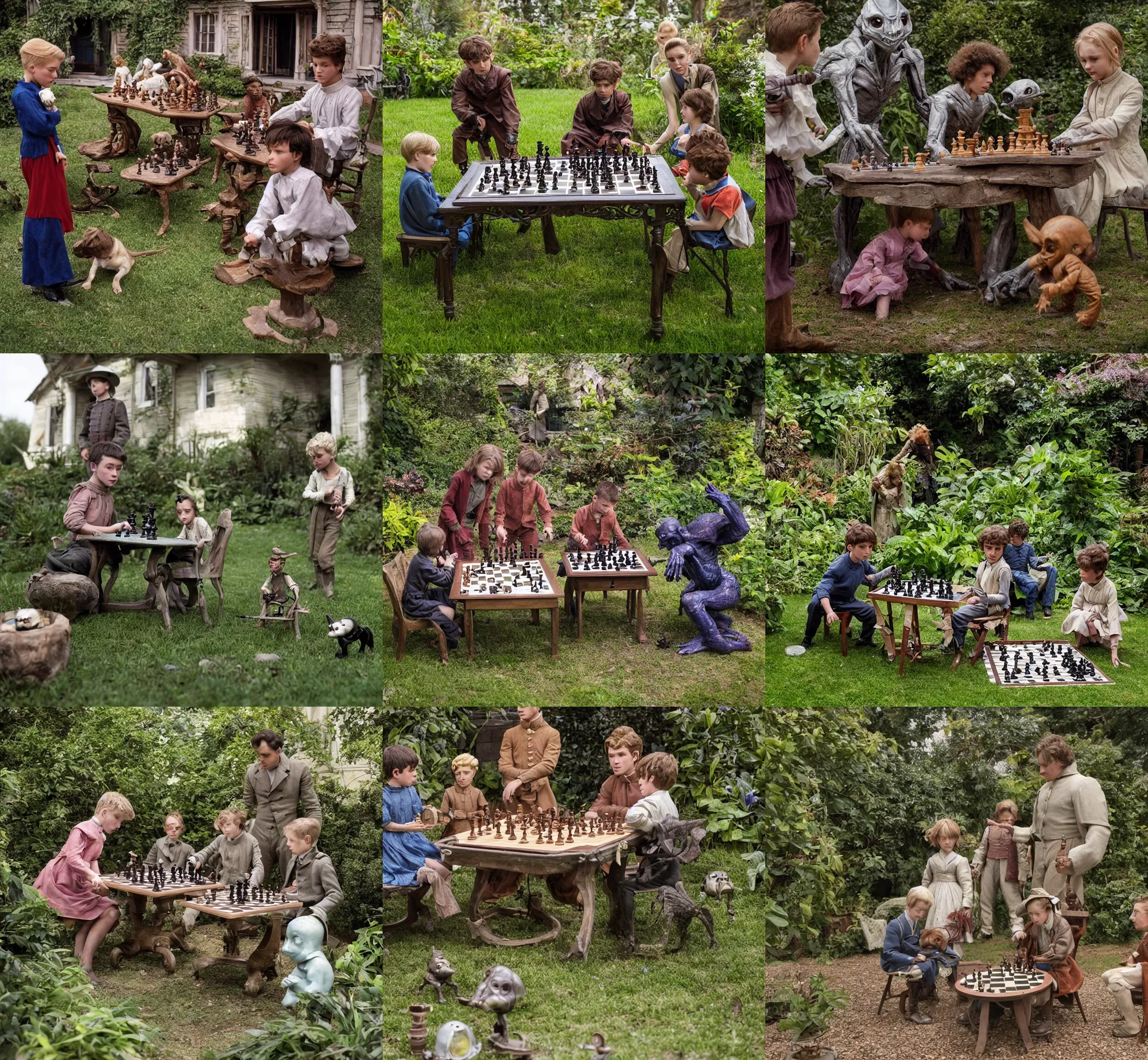 Prompt: sharp, highly detailed, 9216k film, 17500mm film still from a sci fi blockbuster color movie made in 2019, set in 1860, of a boy and a girl playing chess with their small pet humanoid alien, in the garden of a house on an alien planet, the family are all wearing 1860s era clothes, good lighting, in focus, 350mm f/1.4L lens