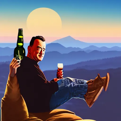 Image similar to Tom hanks at the top of a mountain, scenic view, holding a beer!!, digital art, gta 5 cover art, trending on artstation